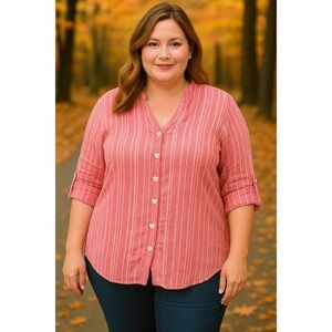 Soft Surroundings‎ Striped Button Front Blouse Women's 2X Pink Rayon Top Tunic